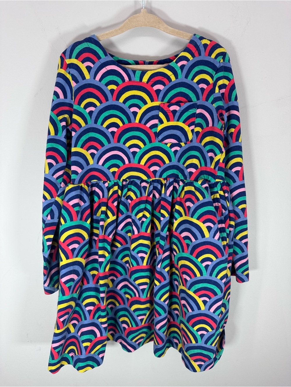 Mini Boden Rainbow Fun Printed Jersey Dress Navy 7/8 Medium Girls
